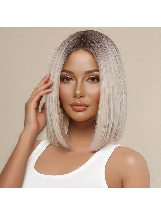 ✨ Short Ombre Brown Blonde Bob Wig with Bangs – Natural Looking Synthetic Hair