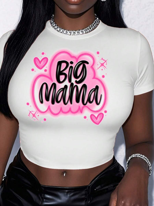 Big Mama Pink Heart Print Cropped T-Shirt | Y2K White Slim Fit Women's Short Sleeve Casual Campus Vacation Daily Summer Top
