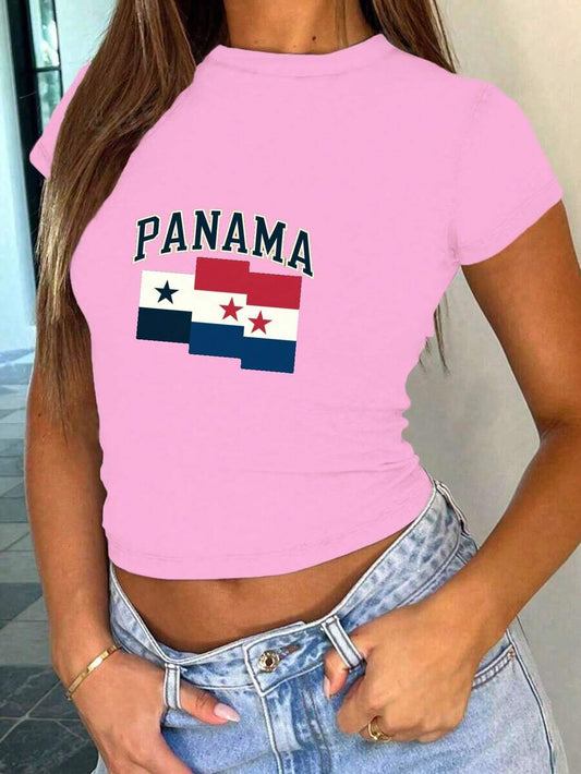 Panama Arch Text & Flag Graphic Crop Tee | Women's Slim Fit Short Sleeve Cultural Pride Independence Day Festival Street Summer Top