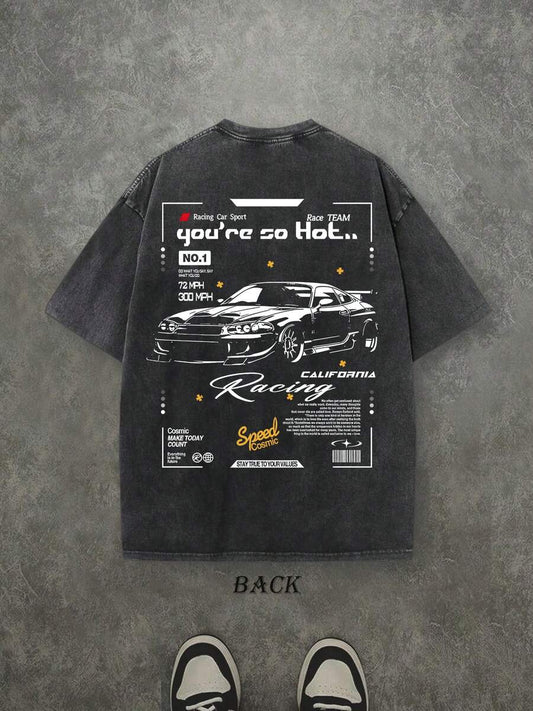 You're So Hot Racing Retro Washed T-Shirt | Double-Sided Letter Print 230 GSM Heavyweight Cotton Men's Street Tee