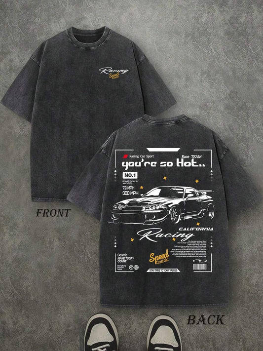 You're So Hot Racing Retro Washed T-Shirt | Double-Sided Letter Print 230 GSM Heavyweight Cotton Men's Street Tee