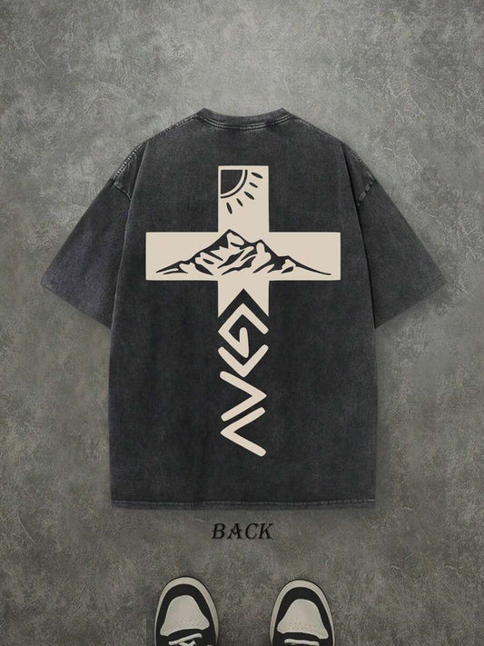 God Is Greater Than Our Highs And Lows Retro Washed T-Shirt | Double-Sided Letter Print 230 GSM Heavyweight Cotton Men's Street Tee