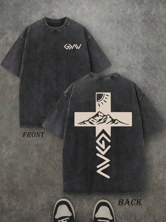 God Is Greater Than Our Highs And Lows Retro Washed T-Shirt | Double-Sided Letter Print 230 GSM Heavyweight Cotton Men's Street Tee