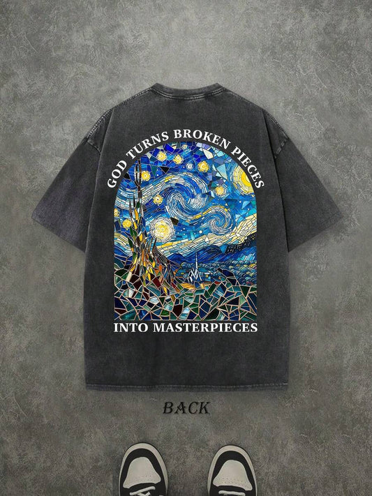 God Turns Broken Pieces Retro Washed T-Shirt | Double-Sided Letter Print 230 GSM Heavyweight Cotton Men's Street Tee