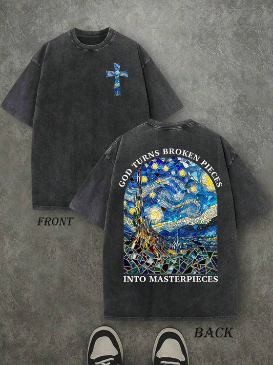 God Turns Broken Pieces Retro Washed T-Shirt | Double-Sided Letter Print 230 GSM Heavyweight Cotton Men's Street Tee
