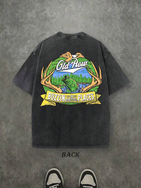 Buzzin In Beautiful Places Retro Washed T-Shirt | Double-Sided Letter Print 230 GSM Heavyweight Cotton Men's Street Tee