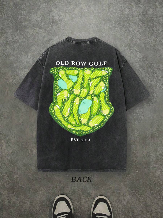 Golf Park Retro Washed T-Shirt | Double-Sided Letter & Golf Pattern Print 230 GSM Heavyweight Cotton Men's Street Tee