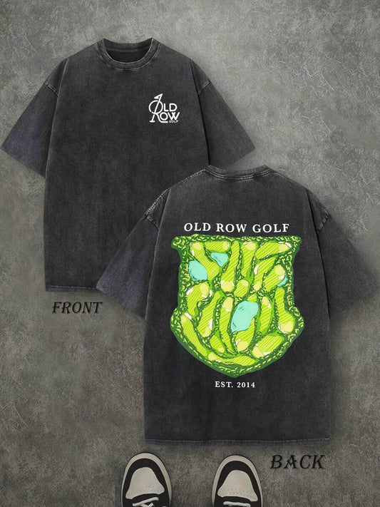 Golf Park Retro Washed T-Shirt | Double-Sided Letter & Golf Pattern Print 230 GSM Heavyweight Cotton Men's Street Tee