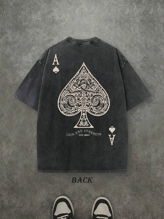 Luck And Strength Retro Washed T-Shirt | Double-Sided Letter & Ace Of Spades Print 230 GSM Heavyweight Cotton Men's Street Tee