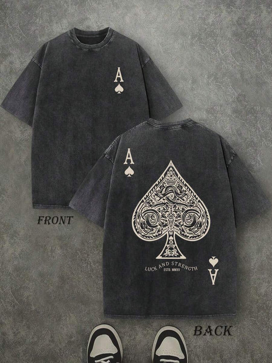 Luck And Strength Retro Washed T-Shirt | Double-Sided Letter & Ace Of Spades Print 230 GSM Heavyweight Cotton Men's Street Tee