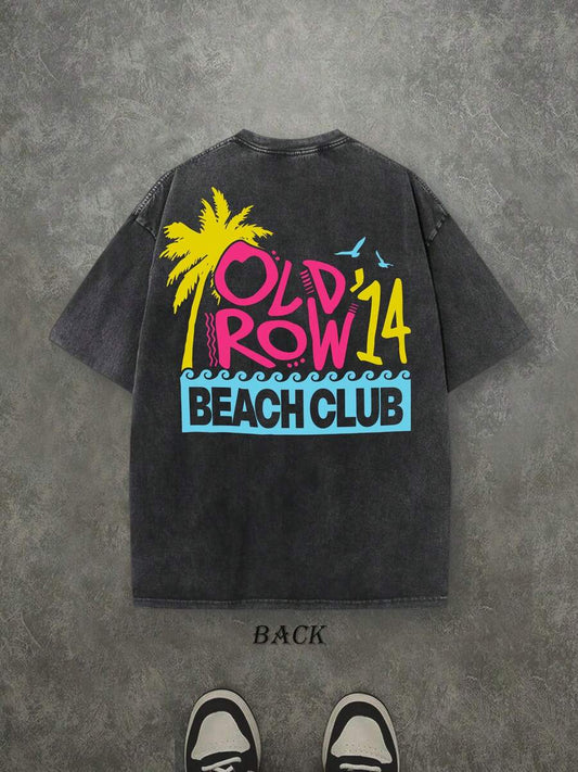 Beach Club Retro Washed T-Shirt | Double-Sided Letter & Coconut Tree Pattern Print 230 GSM Heavyweight Cotton Men's Street Tee