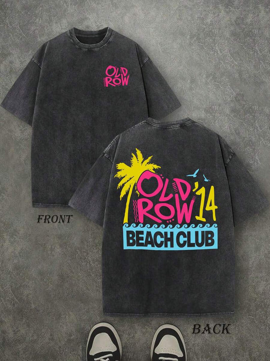 Beach Club Retro Washed T-Shirt | Double-Sided Letter & Coconut Tree Pattern Print 230 GSM Heavyweight Cotton Men's Street Tee