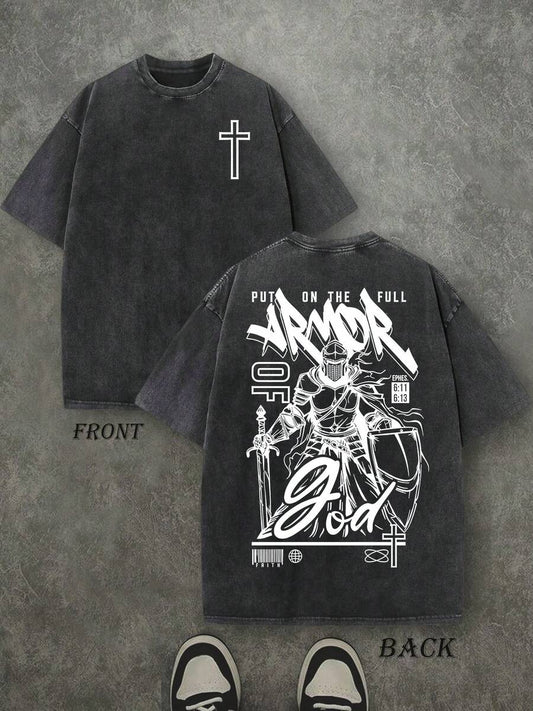 God Retro Washed T-Shirt | Double-Sided Letter & Pattern Print 230 GSM Heavyweight Cotton Men's Street Tee
