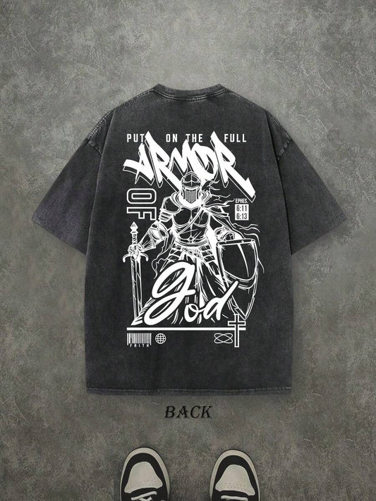 God Retro Washed T-Shirt | Double-Sided Letter & Pattern Print 230 GSM Heavyweight Cotton Men's Street Tee