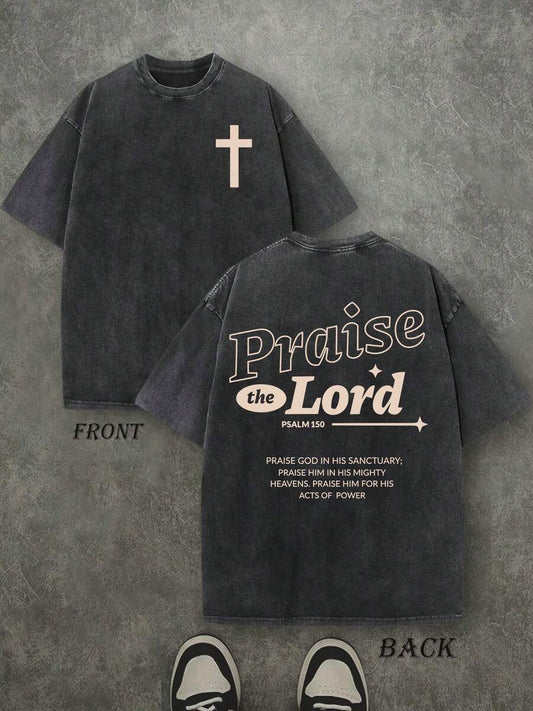 Praise The Lord Retro Washed T-Shirt | Double-Sided Letter Print 230 GSM Heavyweight Cotton Men's Street Tee