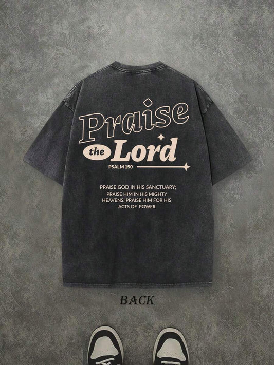 Praise The Lord Retro Washed T-Shirt | Double-Sided Letter Print 230 GSM Heavyweight Cotton Men's Street Tee