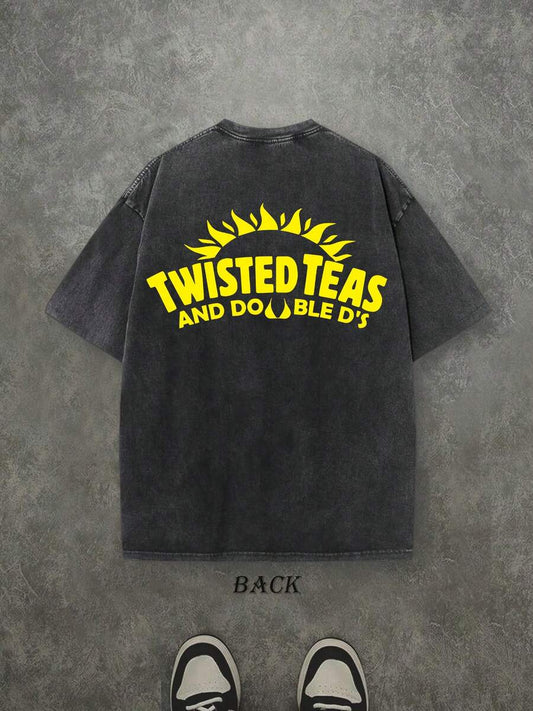 Retro Washed T-Shirt Double Sided Printed (230 Pure Cotton T-Shirt) 'TWISTED TEAS'  Letter And Patterns Print, Men's T-Shirt, Men's Casual, Comfortable, Fashionable T-Shirt, Street Style Cotton