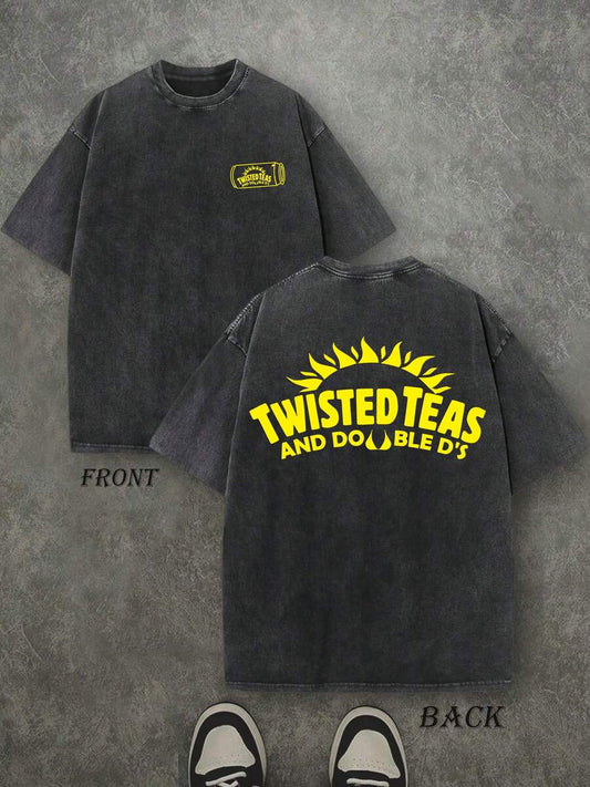 Retro Washed T-Shirt Double Sided Printed (230 Pure Cotton T-Shirt) 'TWISTED TEAS'  Letter And Patterns Print, Men's T-Shirt, Men's Casual, Comfortable, Fashionable T-Shirt, Street Style Cotton
