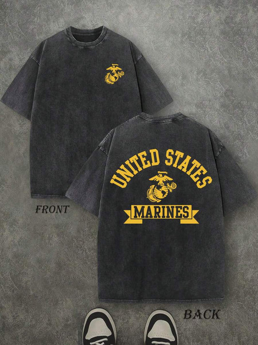 Marines Retro Washed T-Shirt | Double-Sided Letter & Eagle Pattern Print 230 GSM Heavyweight Cotton Men's Street Tee