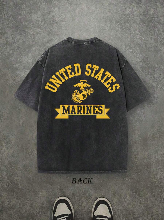 Marines Retro Washed T-Shirt | Double-Sided Letter & Eagle Pattern Print 230 GSM Heavyweight Cotton Men's Street Tee