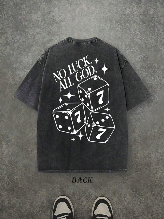 No Luck All God Retro Washed T-Shirt | Double-Sided Letter & Pattern Print 230 GSM Heavyweight Cotton Men's Street Tee