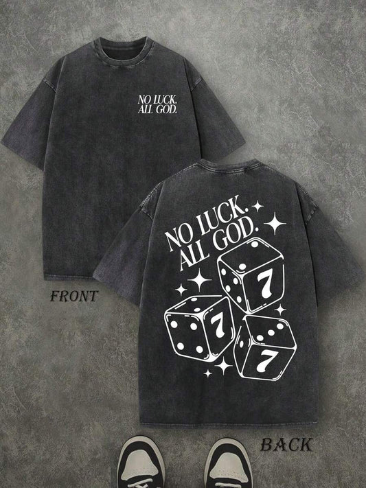 No Luck All God Retro Washed T-Shirt | Double-Sided Letter & Pattern Print 230 GSM Heavyweight Cotton Men's Street Tee