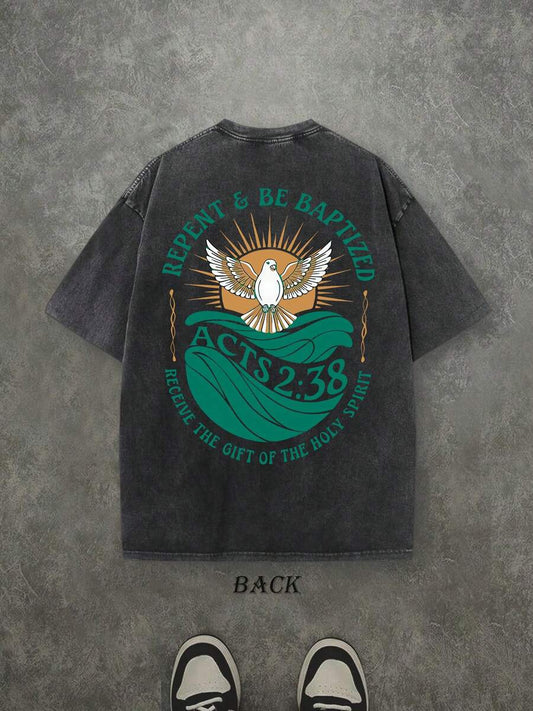 Acts 2:38 Repent & Be Baptized Retro Washed T-Shirt | Double-Sided Letter & Pattern Print 230 GSM Heavyweight Cotton Men's Street Tee