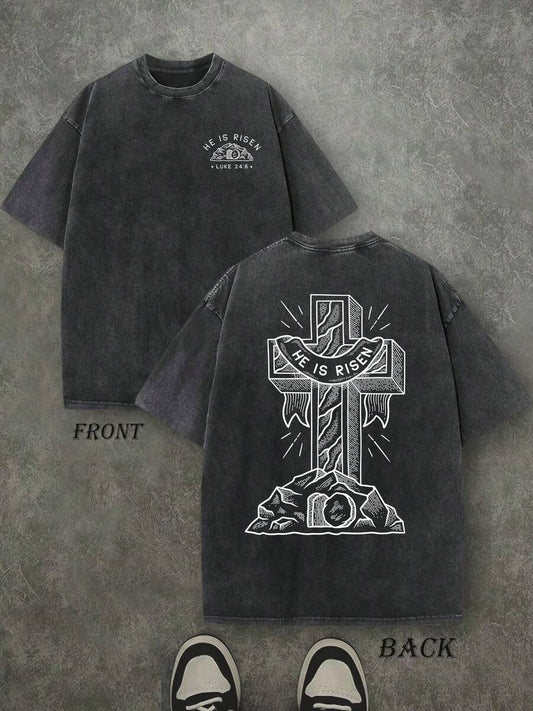 He Is Risen Retro Washed T-Shirt | Double-Sided Letter & Cross Pattern Print 230 GSM Heavyweight Cotton Men's Street Tee