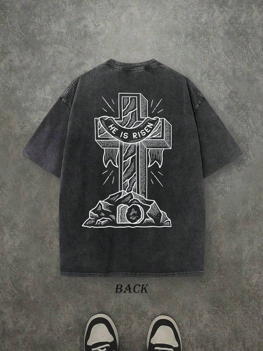 He Is Risen Retro Washed T-Shirt | Double-Sided Letter & Cross Pattern Print 230 GSM Heavyweight Cotton Men's Street Tee