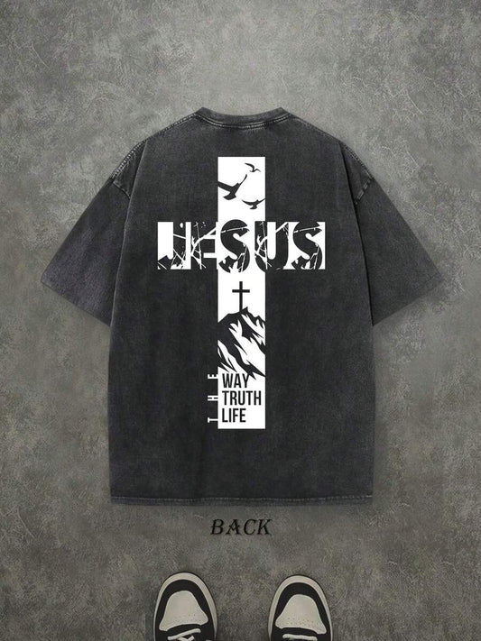 Jesus The Way The Truth And The Life Retro Washed T-Shirt | Double-Sided Letter & Cross Pattern Print 230 GSM Heavyweight Cotton Men's Street Tee