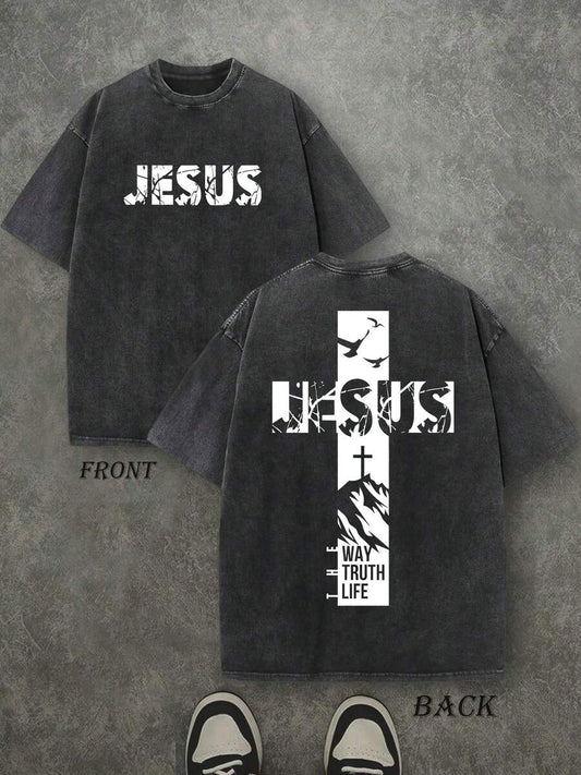 Jesus The Way The Truth And The Life Retro Washed T-Shirt | Double-Sided Letter & Cross Pattern Print 230 GSM Heavyweight Cotton Men's Street Tee