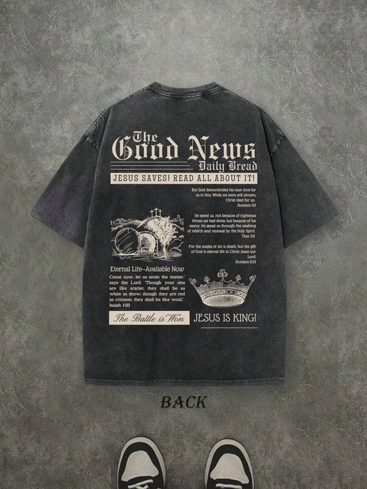 The Good News Jesus Is King Retro Washed T-Shirt | Double-Sided Letter & Crown Print 230 GSM Heavyweight Cotton Men's Street Tee