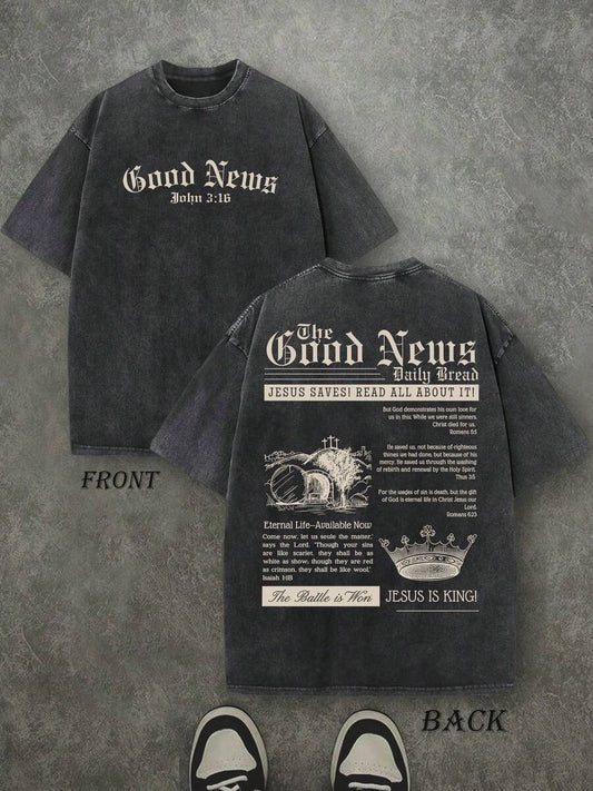 The Good News Jesus Is King Retro Washed T-Shirt | Double-Sided Letter & Crown Print 230 GSM Heavyweight Cotton Men's Street Tee