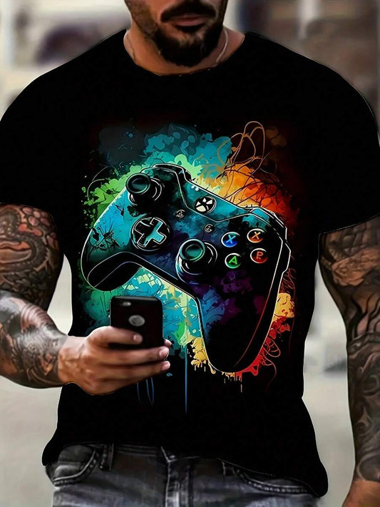 3D Game Controller Print T-Shirt | Men's Casual Graphic Breathable Crew Neck Short Sleeve Regular Fit All-Season Outdoor Gaming Top