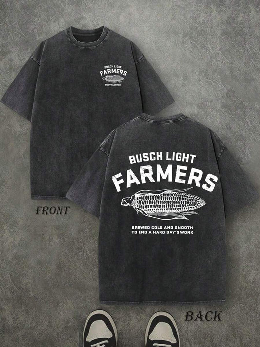 Retro Washed T-Shirt | Double-Sided Letter & Corn Pattern Print 230 GSM Heavyweight Cotton Men's Street Tee