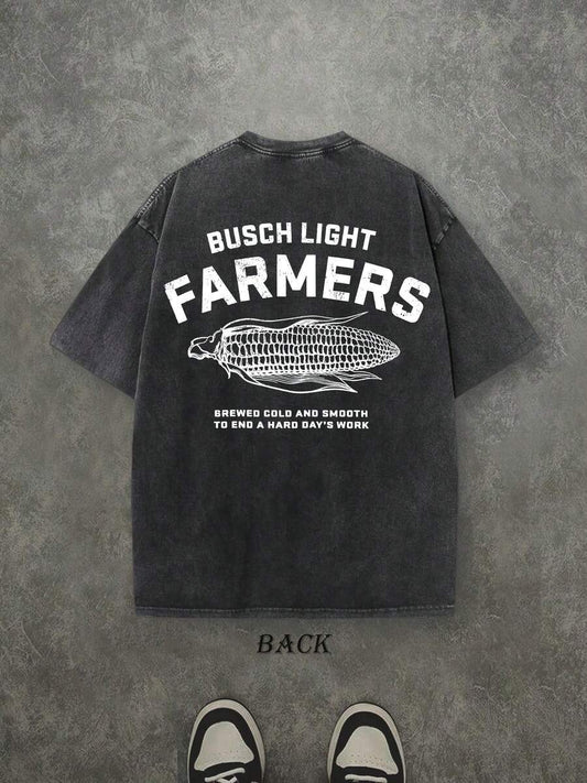 Retro Washed T-Shirt | Double-Sided Letter & Corn Pattern Print 230 GSM Heavyweight Cotton Men's Street Tee
