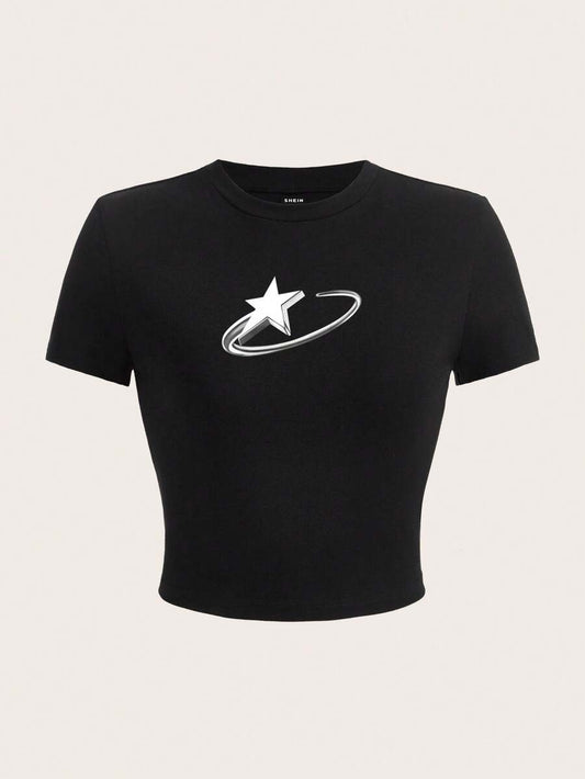 Five-Pointed Star Pattern Fitted T-Shirt | Minimalist Women's Cotton Blend Round Neck Short Sleeve Casual Summer Daily Top