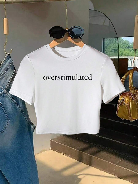 Minimalist English Letter Print Slim Fit Crop Top | Women's Casual Chic Summer Short Sleeve Round Neck Tee