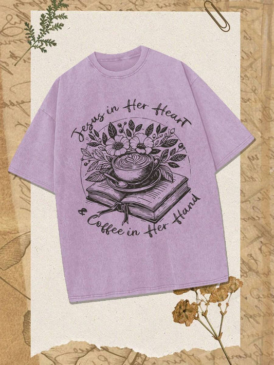 Flower Coffee Book Letter Pattern Washed T-Shirt | Men's  Boutique Cotton Retro Street Style Loose Casual Summer Vintage Top