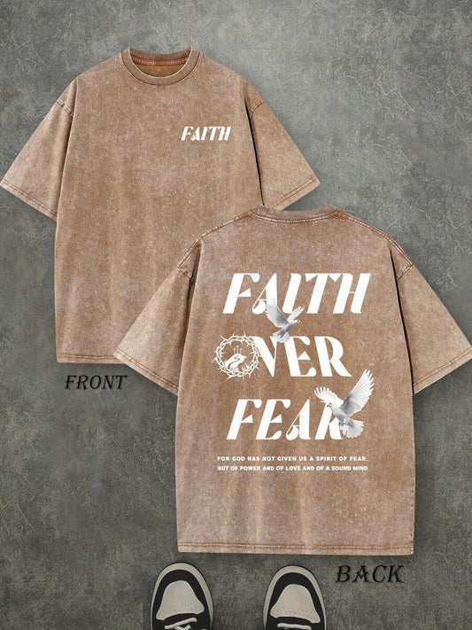 Faith Over Fear Retro Washed T-Shirt | Double-Sided Letter & Pattern Print 230 GSM Heavyweight Cotton Men's Street Tee