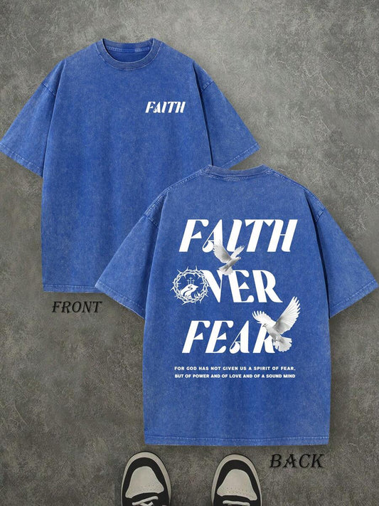 Faith Over Fear Retro Washed T-Shirt | Double-Sided Letter & Pattern Print 230 GSM Heavyweight Cotton Men's Street Tee