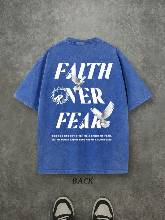 Faith Over Fear Retro Washed T-Shirt | Double-Sided Letter & Pattern Print 230 GSM Heavyweight Cotton Men's Street Tee