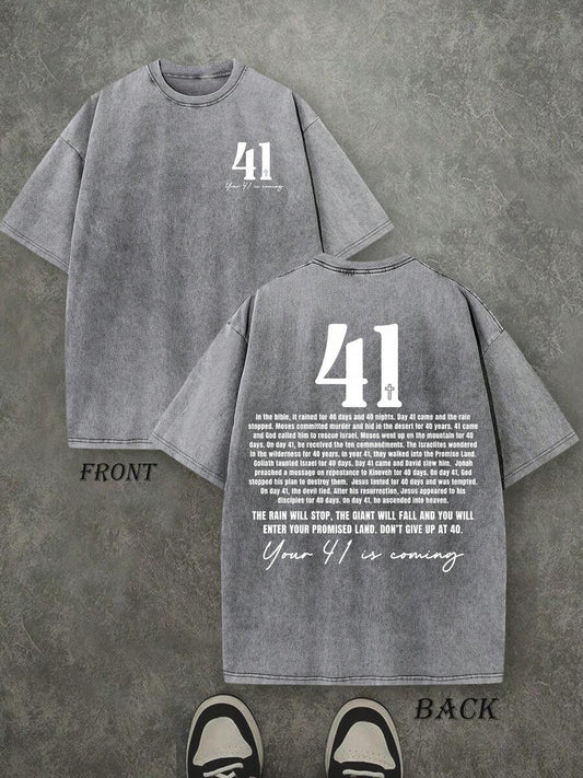Your 41 Is Coming Retro Washed T-Shirt | Double-Sided Letter & Pattern Print 230 GSM Heavyweight Cotton Men's Street Tee