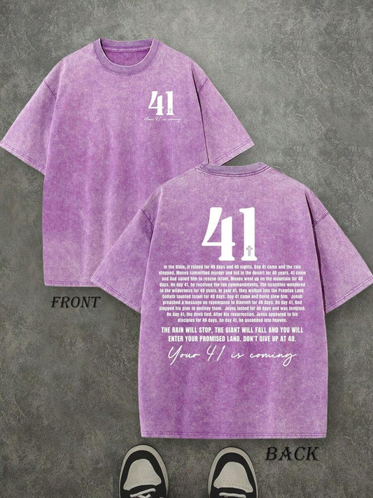 Your 41 Is Coming Retro Washed T-Shirt | Double-Sided Letter & Pattern Print 230 GSM Heavyweight Cotton Men's Street Tee