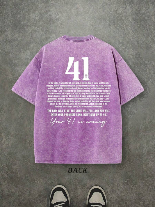 Your 41 Is Coming Retro Washed T-Shirt | Double-Sided Letter & Pattern Print 230 GSM Heavyweight Cotton Men's Street Tee