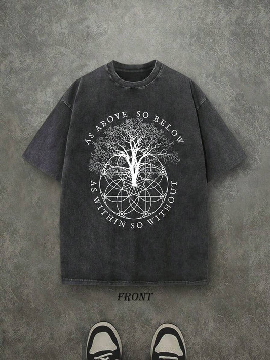 As Above So Below Retro Washed T-Shirt | Single-Sided Letter & Pattern Print 230 GSM Heavyweight Cotton Men's Street Tee