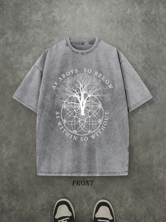 As Above So Below Retro Washed T-Shirt | Single-Sided Letter & Pattern Print 230 GSM Heavyweight Cotton Men's Street Tee