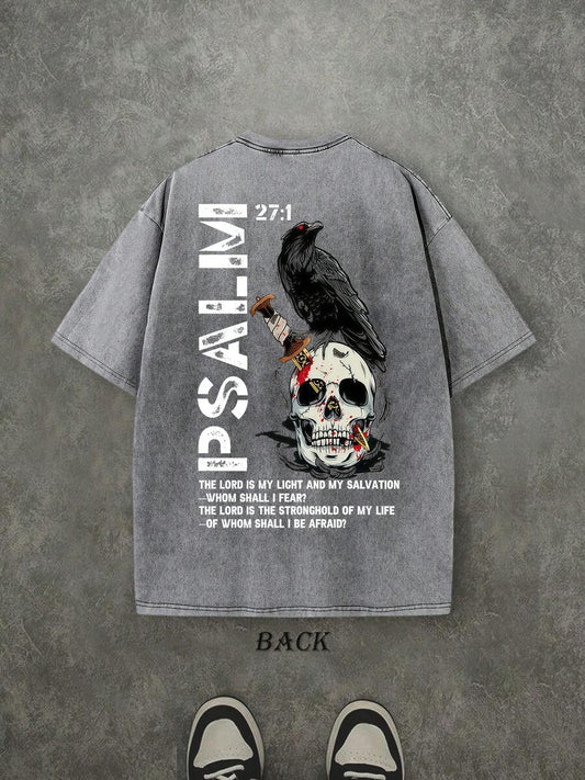 The Lord Is My Light Psalm Retro Washed T-Shirt | Double-Sided Letter & Pattern Print 230 GSM Heavyweight Cotton Men's Street Tee