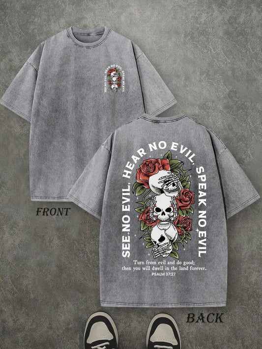 See No Evil Hear No Evil Speak No Evil Psalm Retro Washed T-Shirt | Double-Sided Letter & Pattern Print 230 GSM Heavyweight Cotton Men's Street Tee