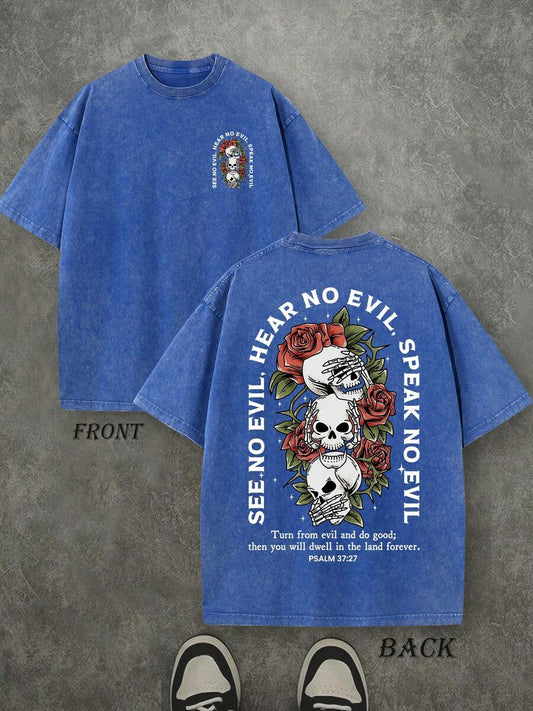 See No Evil Hear No Evil Speak No Evil Psalm Retro Washed T-Shirt | Double-Sided Letter & Pattern Print 230 GSM Heavyweight Cotton Men's Street Tee